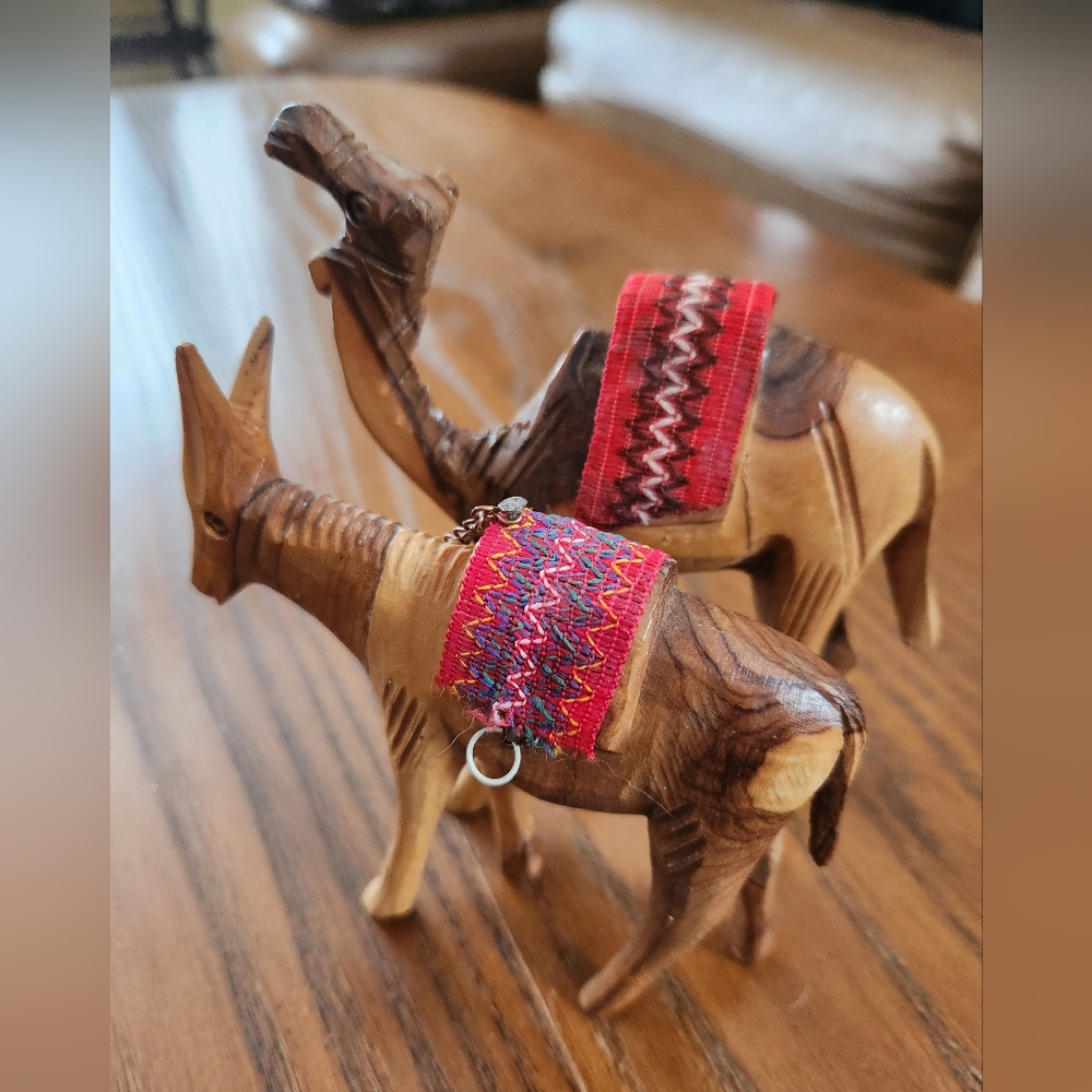Middle Eastern Hand Carved Olive Wood Animal Figurines with Red Saddles Set Of 2